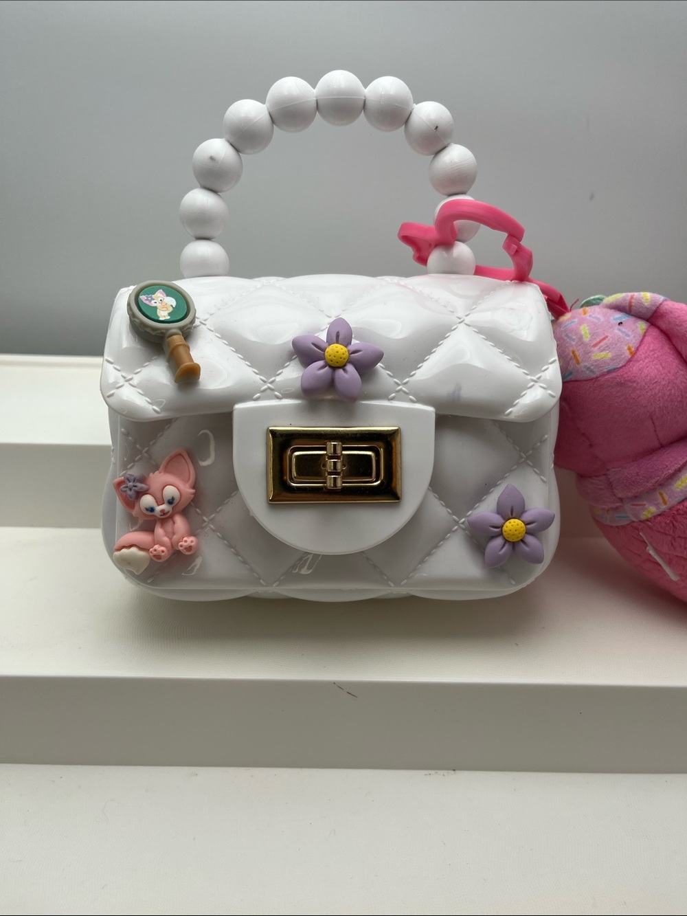 White Quilted Mini Purse with Purple Flower Charms